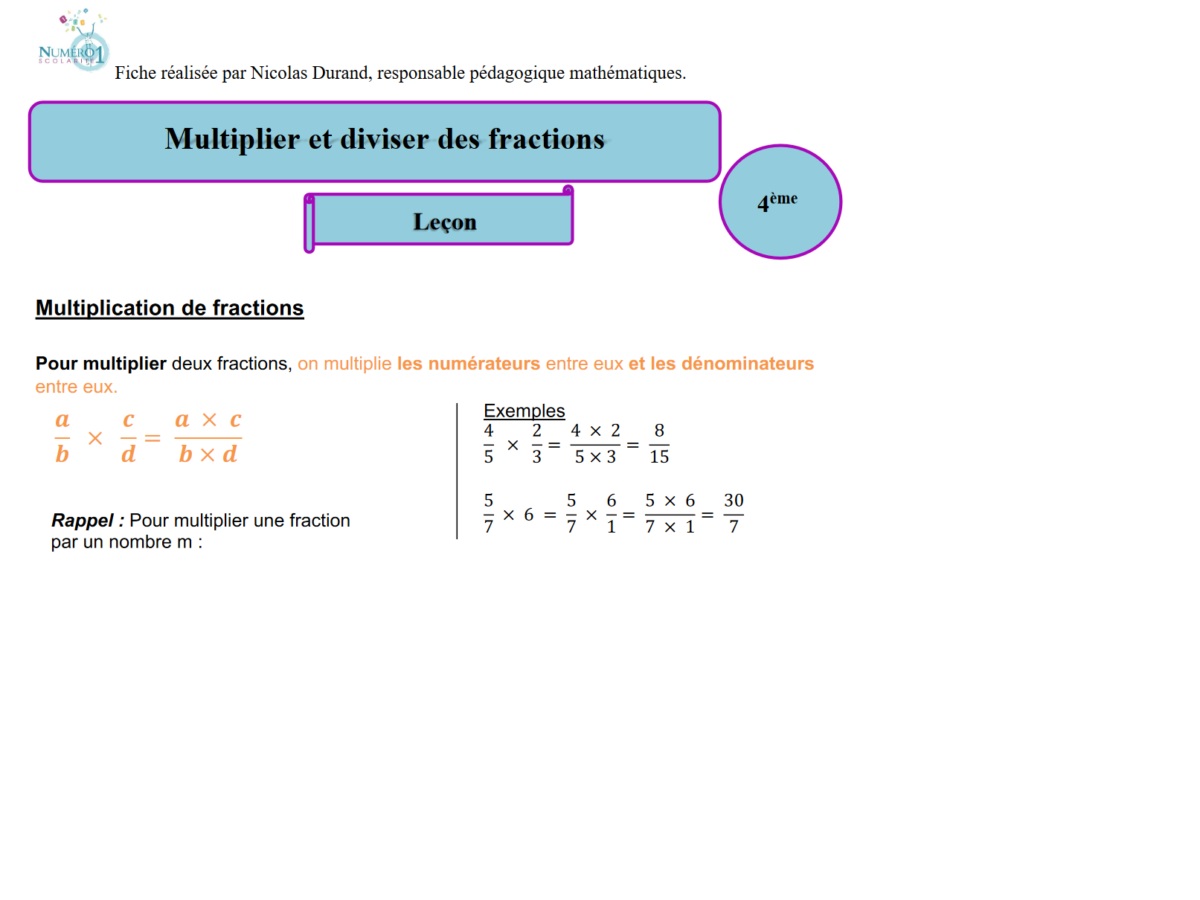 Problèmes Fractions 4ème Avec Corrigés Multiplier et diviser les fractions : 4ème Leçon et exercices